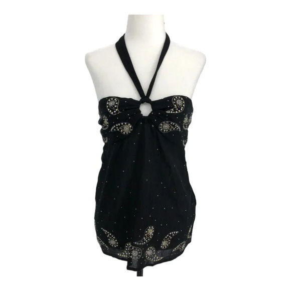 NWT Marciano Black Cotton Halter Top  w Gold Studded Paisley Embroidery size L - Picture 15 of 15